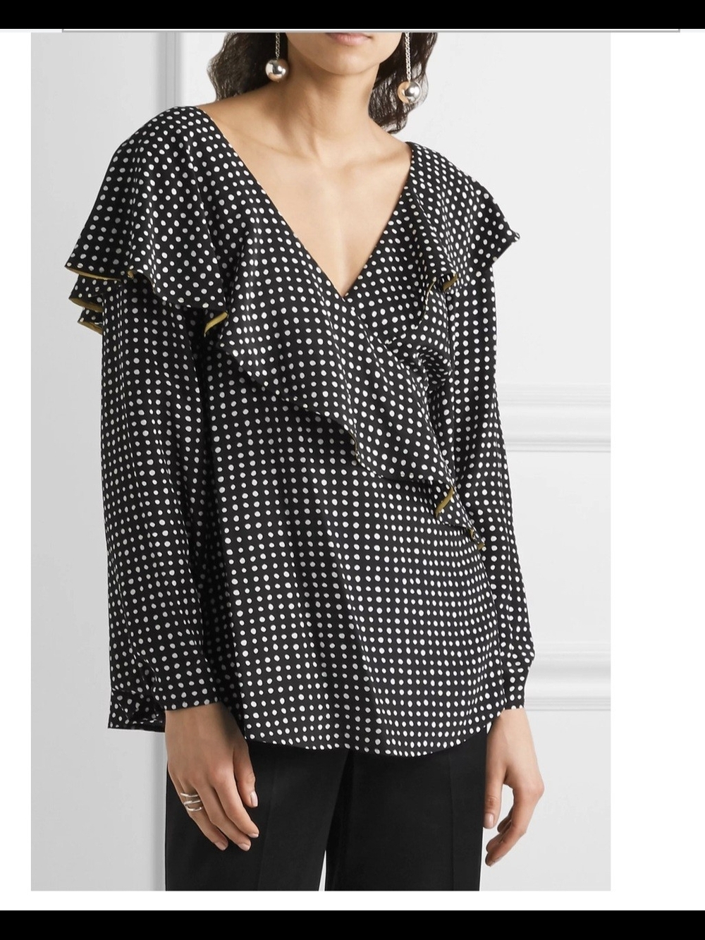 Diane von Furstenberg Ruffled Polka-dot Silk Crepe De Chine Wrap Top - Black
